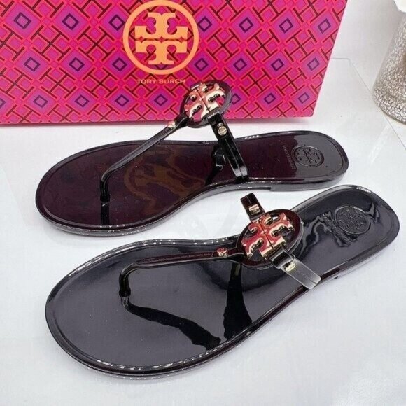 Tory Burch Mini Miller Womens Thong Flat Sandal Black Rubber Gold Logo US 7 - Picture 3 of 9
